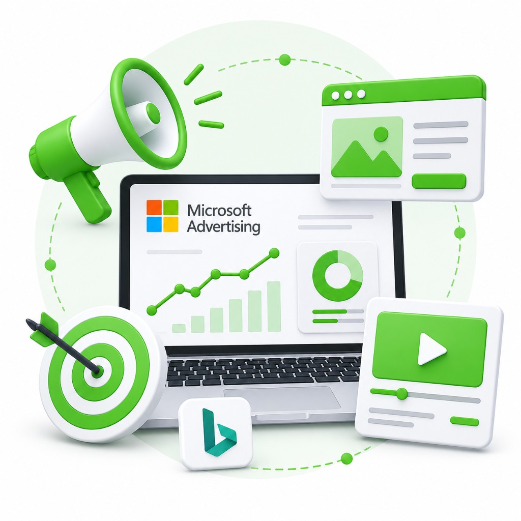 Microsoft Advertising solution illustration with laptop dashboard, megaphone, target, display ad, video player, and Bing logo in green and white 3D style