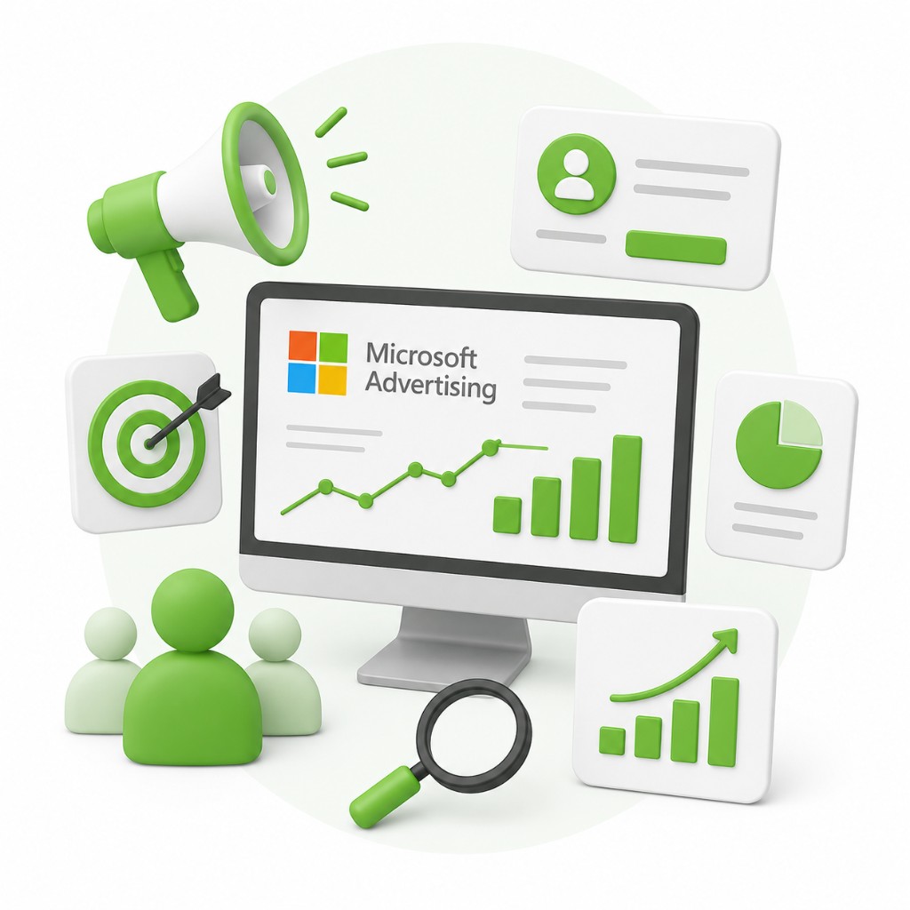 Microsoft Advertising illustration with monitor dashboard, megaphone, target, audience figures, pie chart, growth chart, and magnifying glass in green and white 3D style