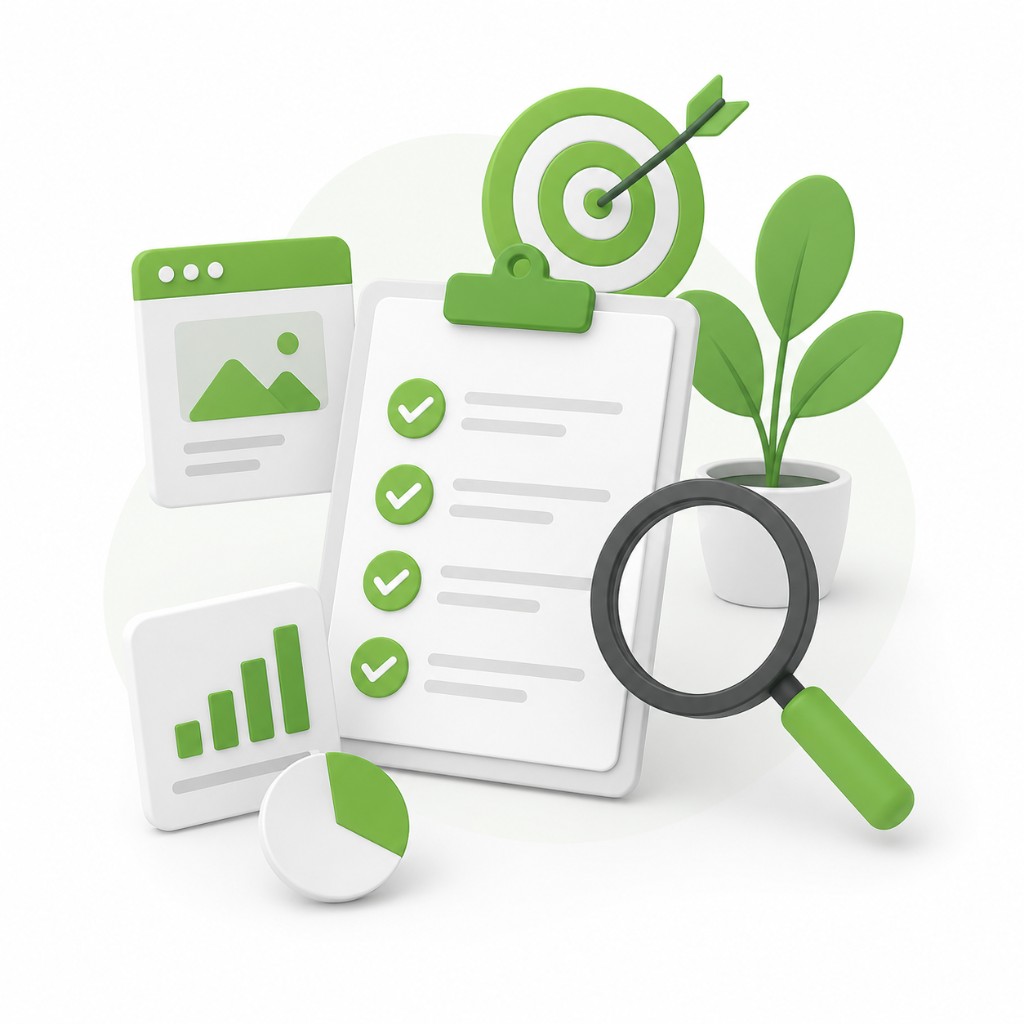 Content auditing illustration with clipboard checklist, magnifying glass, target, charts and analytics icons