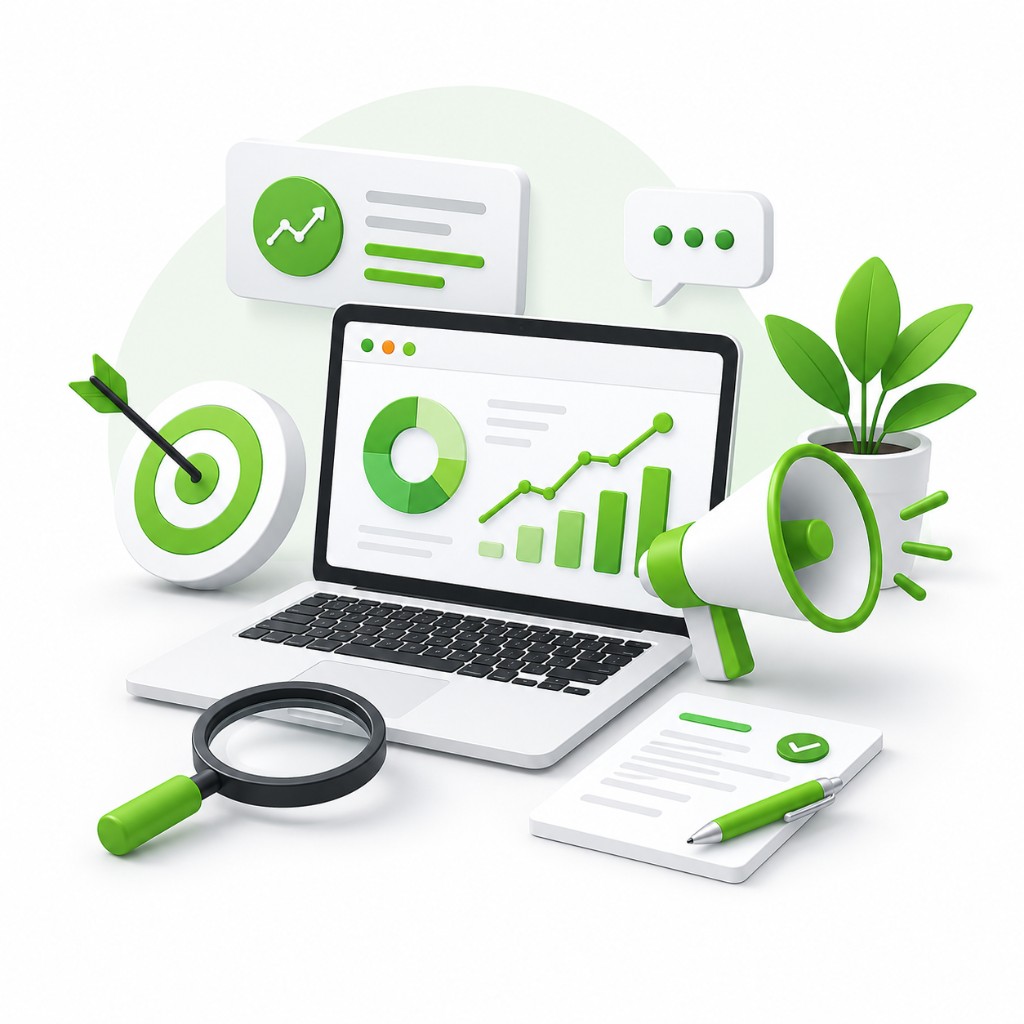 Content auditing solution illustration with laptop analytics dashboard, target, megaphone, magnifying glass and document