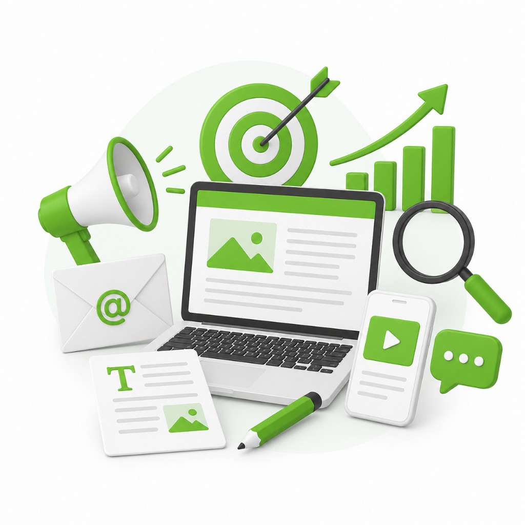 Content marketing solution illustration with laptop, smartphone, megaphone, email, target, charts and content creation icons
