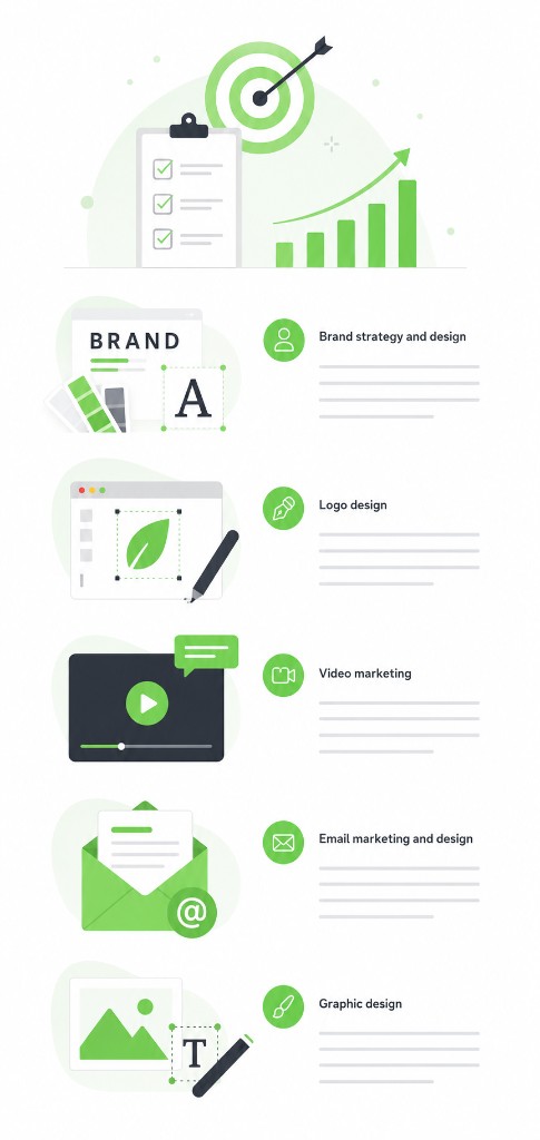 Creative marketing strategy infographic showing brand strategy, logo design, video marketing, email marketing, and graphic design services with growth chart and checklist icons