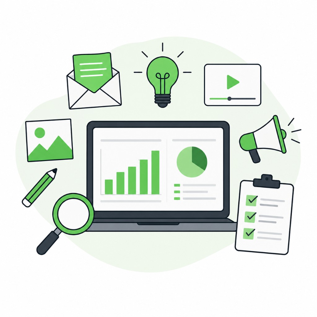 Creative marketing solution illustration with laptop analytics dashboard, email, lightbulb, video player, megaphone, checklist, magnifying glass, pencil, and graphic design icons in green flat style