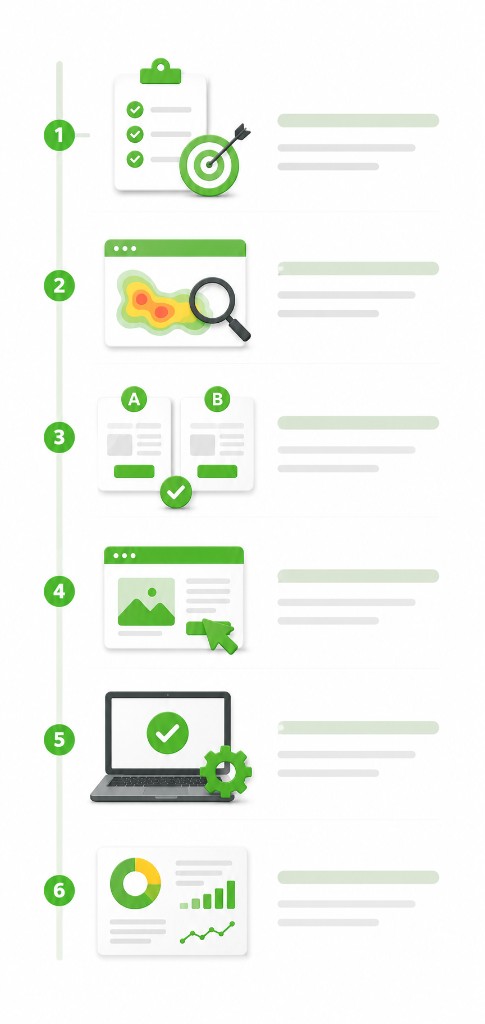CRO methodology infographic showing six steps from strategy and targeting through research, A/B testing, implementation, technical optimization and analytics reporting