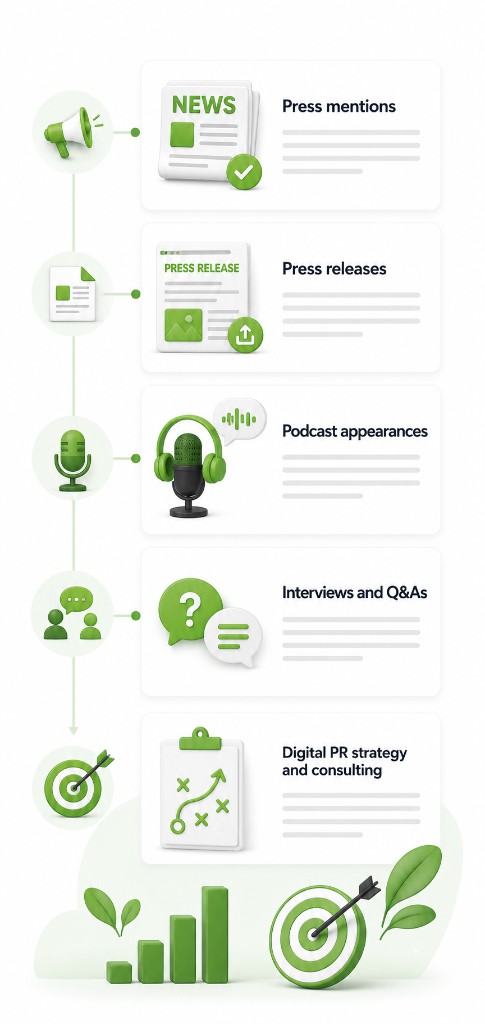Digital PR deliverables illustration &mdash; press mentions, press releases, podcast appearances, interviews and Q&As, and digital PR strategy consulting