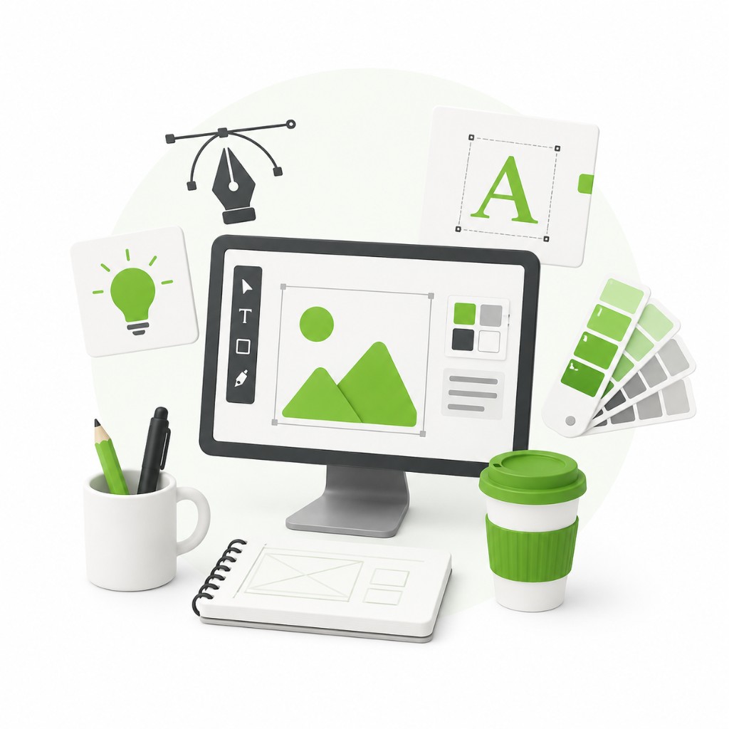 Graphic design solution illustration with monitor, pen tool, typography, color swatches, lightbulb, sketchbook, and coffee cup in green 3D workspace style
