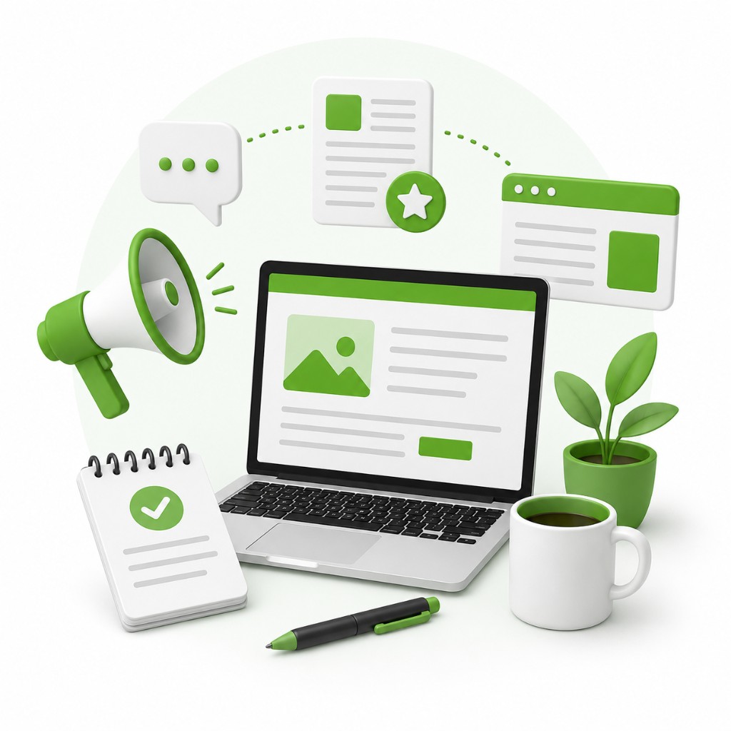 Guest posting illustration with laptop, megaphone, notepad, pen, coffee mug, plant and floating content icons