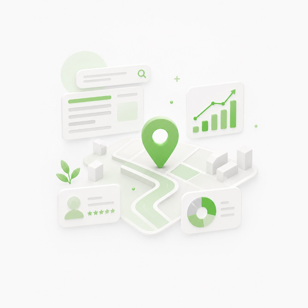 Local SEO illustration with map, location pin, search bar, reviews and growth charts