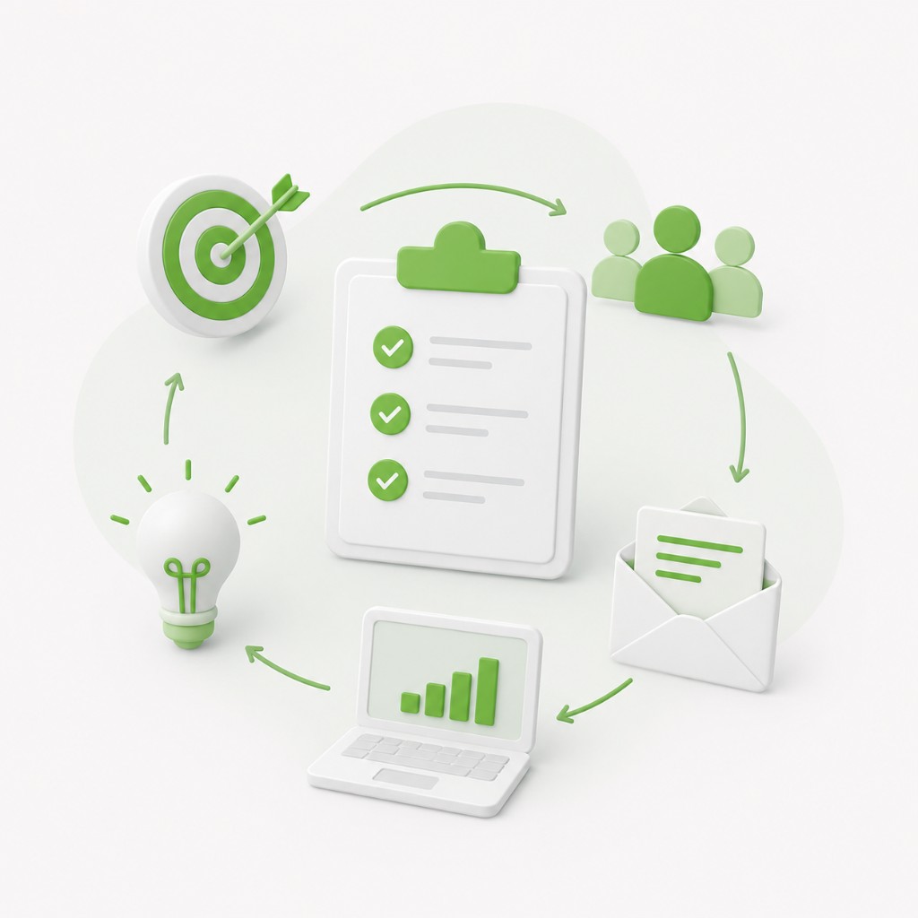 UI and UX process illustration with strategy checklist, target, team, laptop analytics, ideas and communication connected in a circular workflow