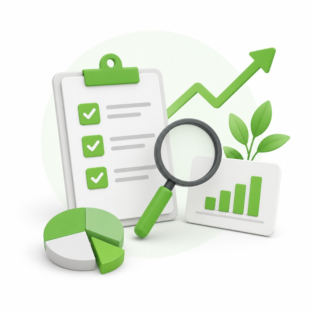 Video marketing strategy illustration with clipboard checklist, magnifying glass, bar chart, pie chart, and upward growth arrow in green and white 3D style